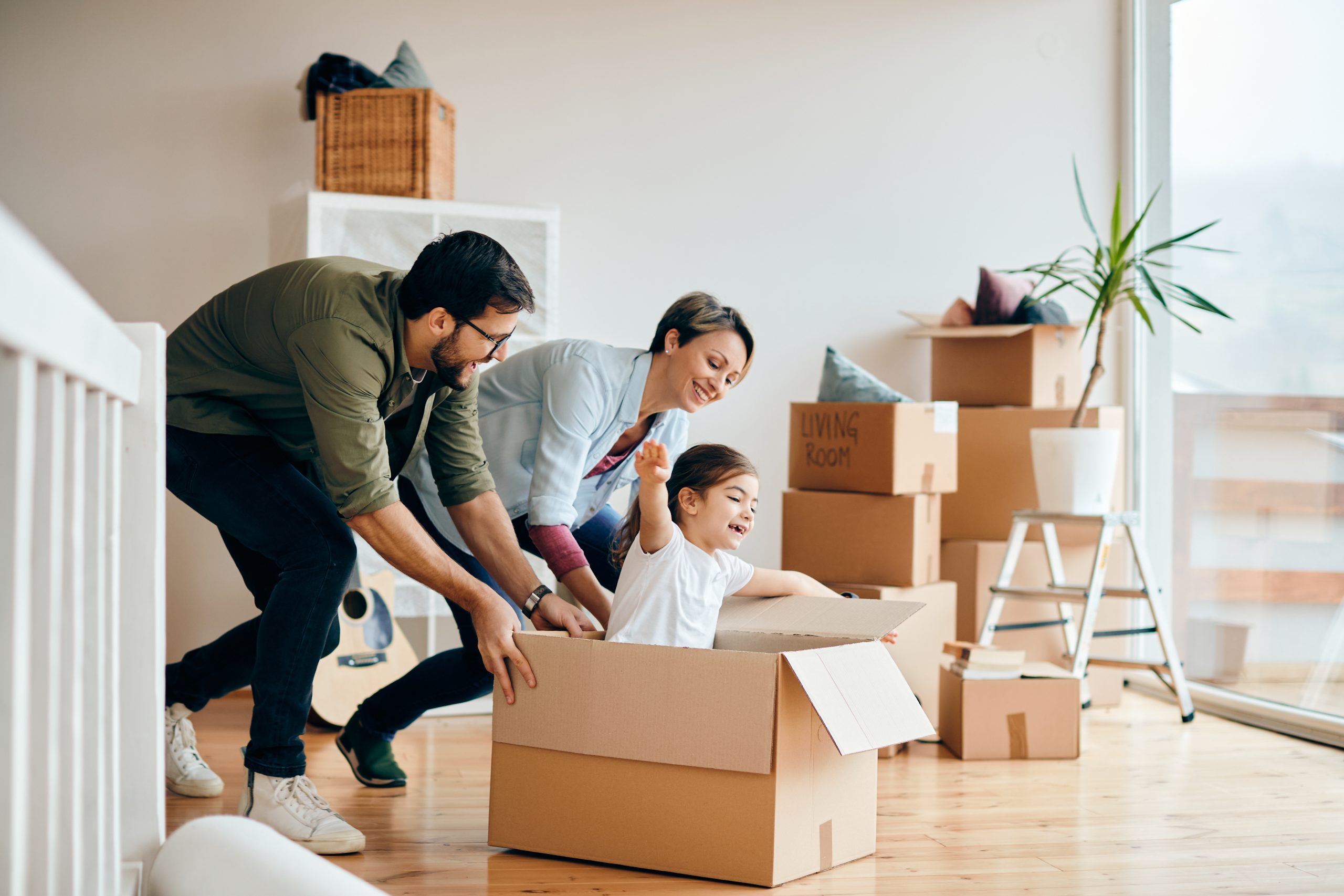 family playing in boxes.